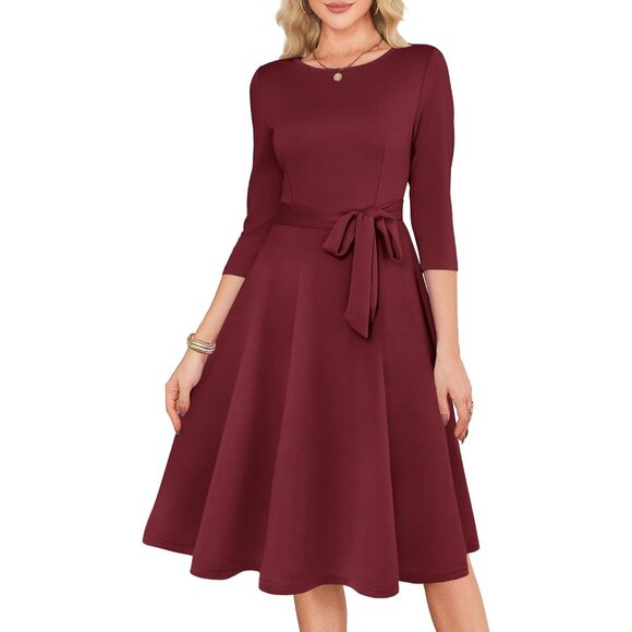 Women's Burgundy 3/4 Sleeve Vintage Flattering A-line Vintage Cocktail Dresses - Picture 4 of 5